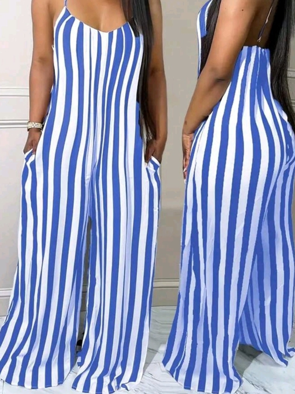 Women’s Blue & White Striped Wide-Leg Jumpsuit